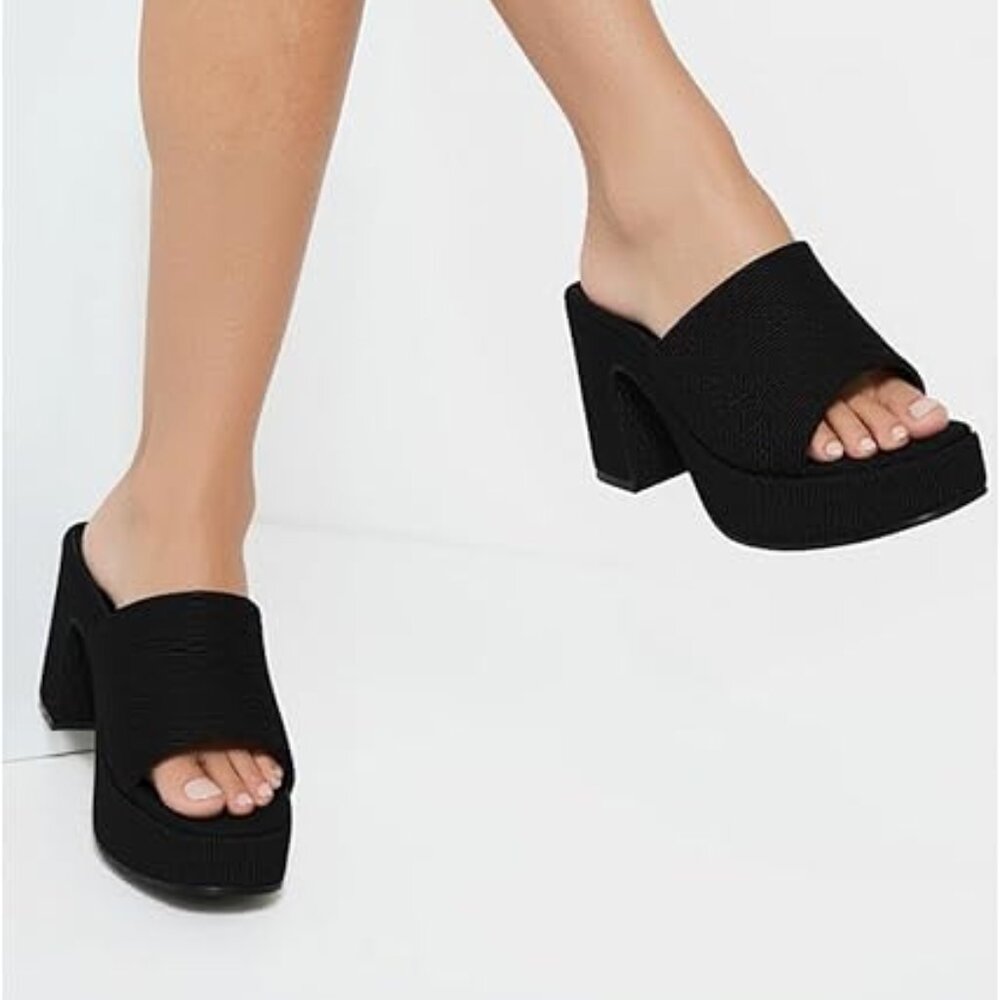 Women's Square Toe Heels Chunky Comfort High Heeled Slip On Sandals